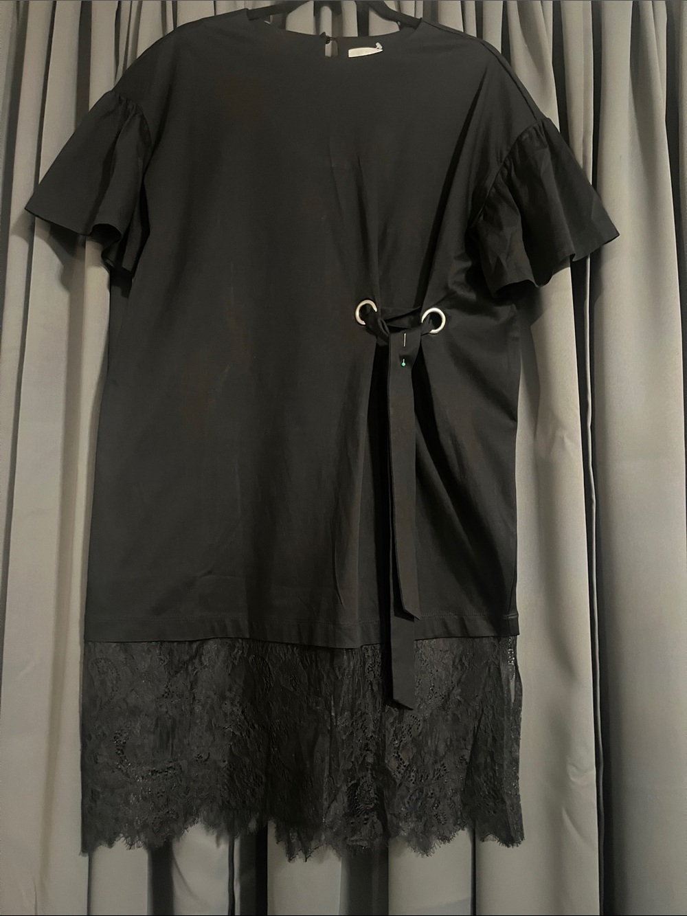 Black Lace-Hem Short Sleeve Dress with Eyelet Tie